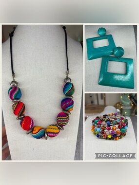 Retro 3 Piece Set Wood Earrings Glass Bracelet Fabric Necklace Bright Colorful